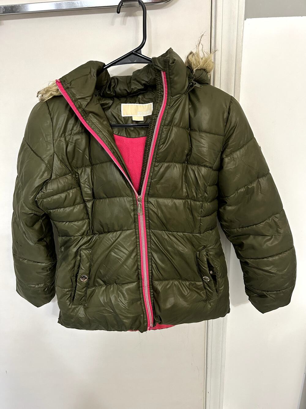 Michael Kors Green Puffer Jacket with Faux Fur Hood size 10/12